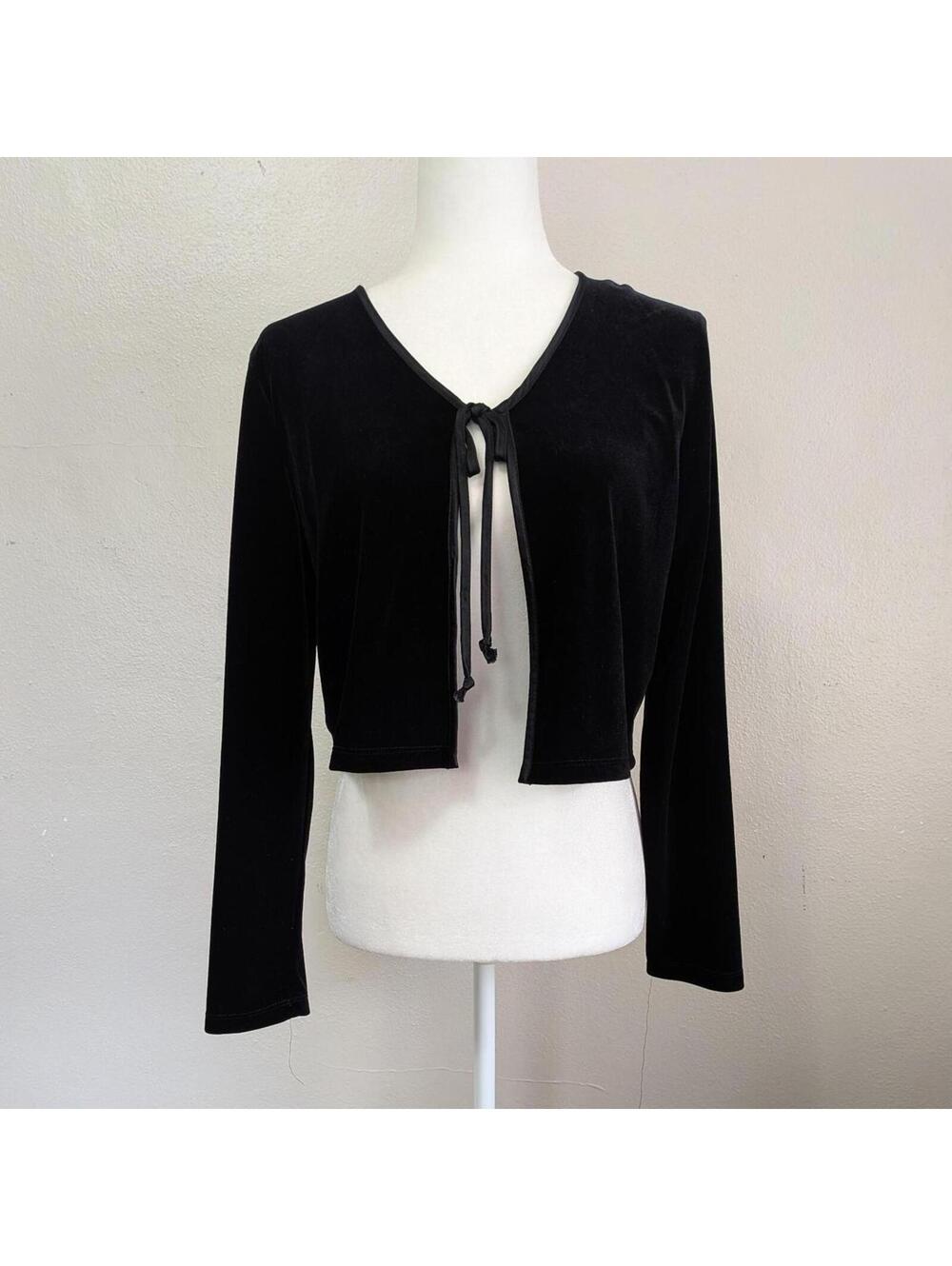 1990s My Michelle Black Velvet Tie-Front Cropped Bolero Top Size M